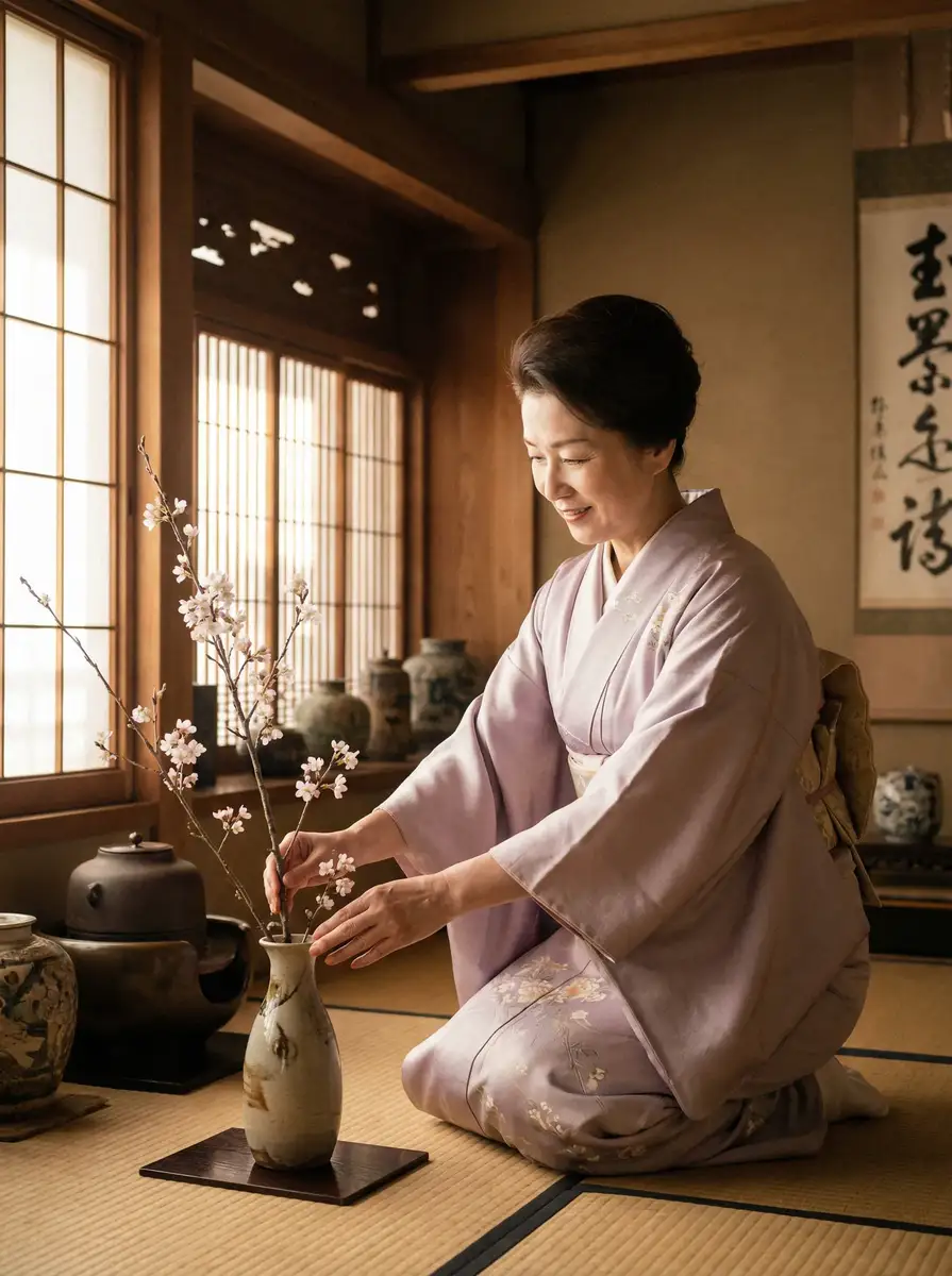 一位优雅的 leyu乐鱼体育平台 在和室中插花